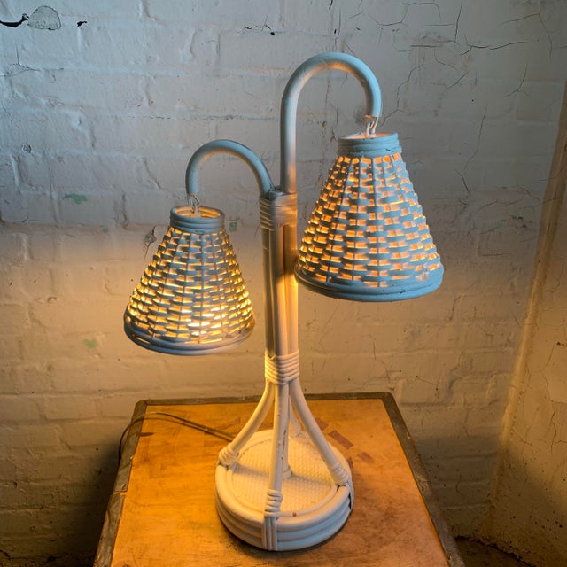 Rare woven rattan lamp in white. Two hanging lights. In working order. Fantastic cottage core vibes. Great addition to...