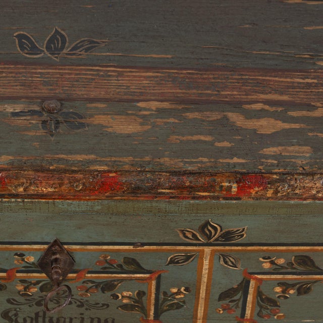1836 Hungarian Original Hand-Painted Teal Flat Top Pine Trunk For Sale - Image 9 of 18