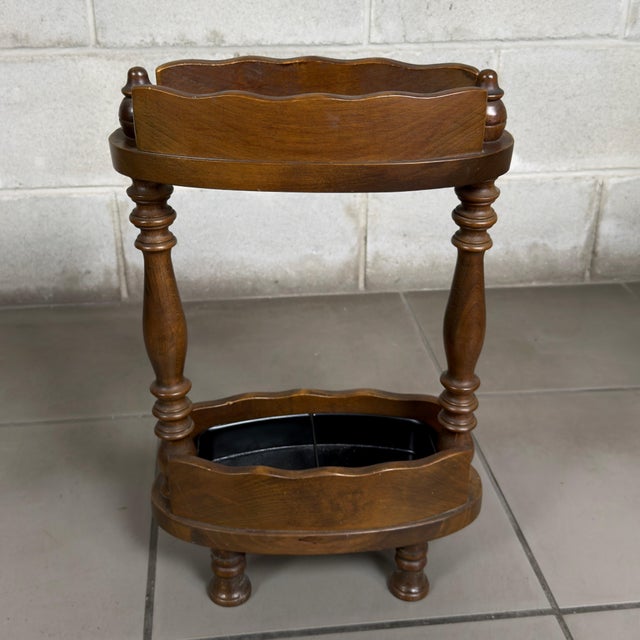 1960s Vintage Wooden Umbrella Stand with Turned Columns and Metal Tray, 1960s For Sale - Image 5 of 11