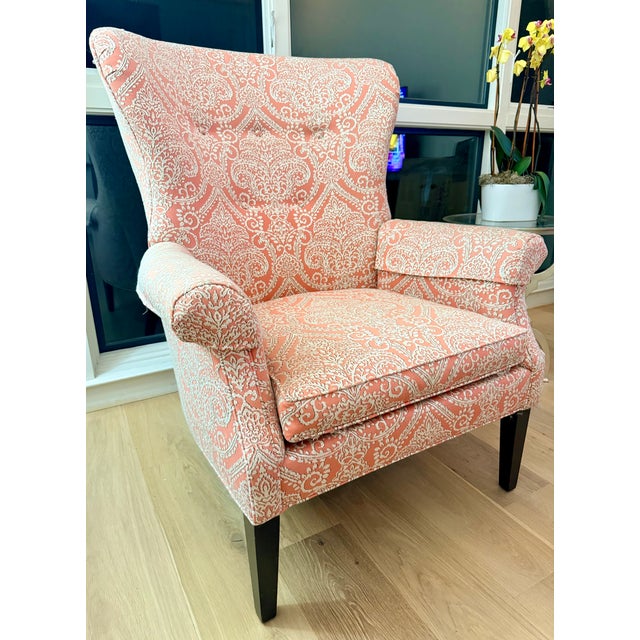Textile Ethan Allen Pink & Cream Damask Upholstered Accent Chair For Sale - Image 7 of 7