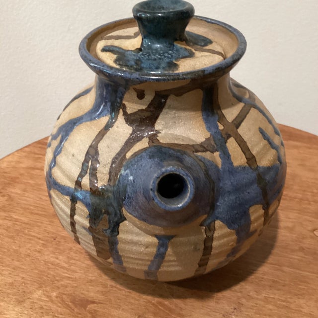 English Vintage Stoneware Drizzled Glazed Studio Pottery Teapot by Allison Fisher England For Sale - Image 3 of 12