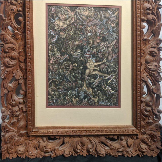 Late 20th Century Pair of Balinese Batuan-Style Narrative Paintings in Hand-Carved Wood Frames For Sale - Image 4 of 16