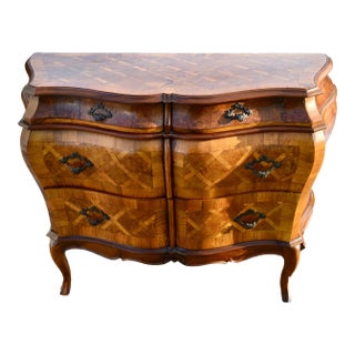 Vintage Italian Parkay Inlaid Bombe' Four Drawer Commode For Sale