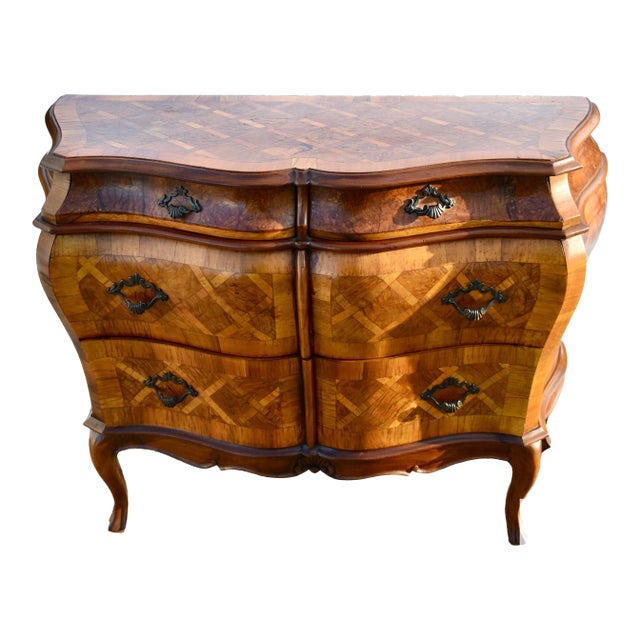 Vintage Italian Parkay Inlaid Bombe' Four Drawer Commode For Sale