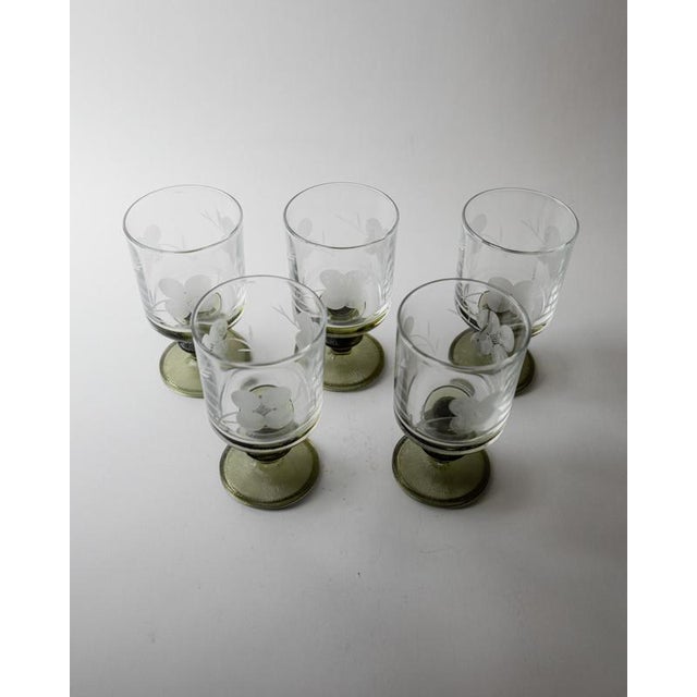 Vintage Etched Floral Clear Wine Glasses with Olive Green Stems, Set of 5 For Sale - Image 3 of 13