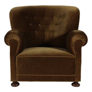 Large Art Deco Roll Arm Lounge Chair in Olive Green Velvet, Denmark, 1940s For Sale