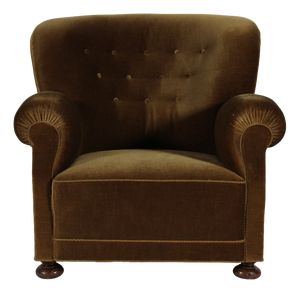Large Art Deco Roll Arm Lounge Chair in Olive Green Velvet, Denmark, 1940s