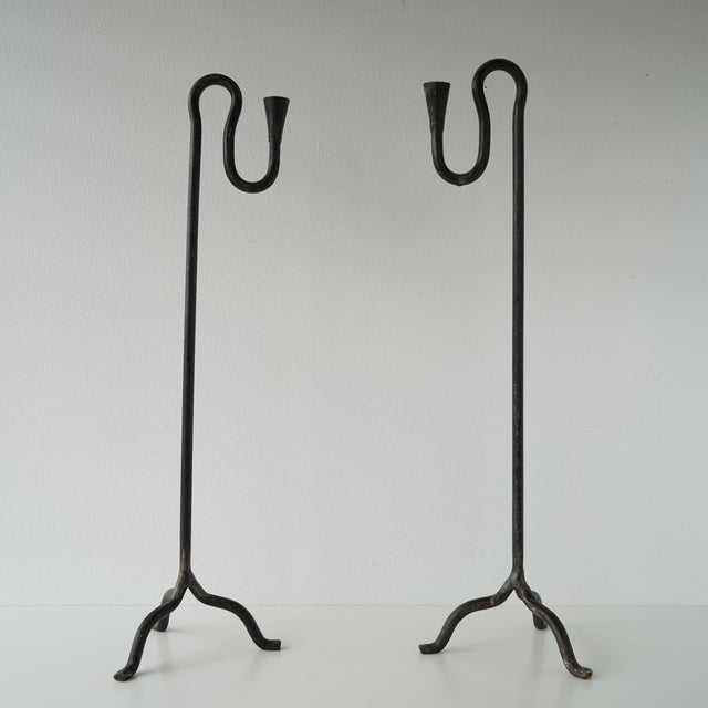 Black Sculptural Mid 20th Century Wrought Iron Forged Candle Holders For Sale - Image 8 of 16