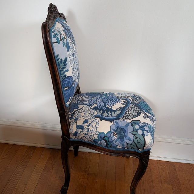Late 19th Century Antique English Side Chair Freshly Upholstered in Schumacher Chiang Mai Dragon in China Blue For Sale - Image 5 of 12