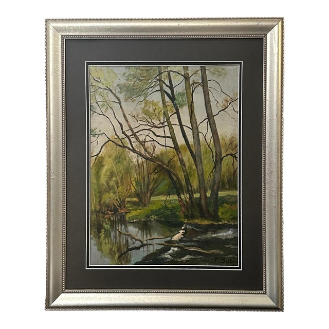 Early 1900s French Quiet Riverbank Landscape Oil Painting For Sale