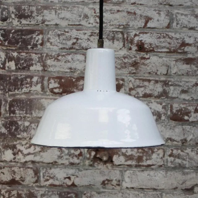 Vintage Industrial Factory White Enamel Pendant Lights For Sale - Image 4 of 5