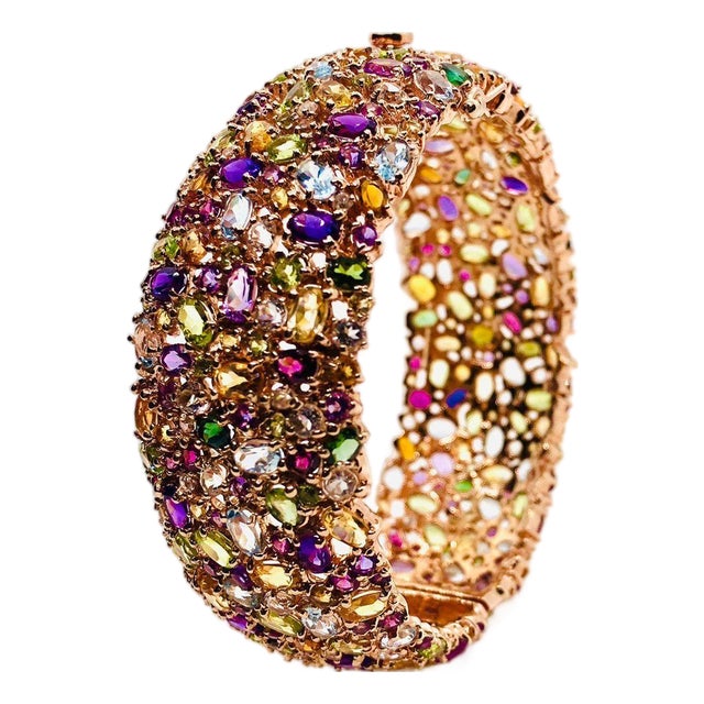 Bochic “Capri” Vintage Amethyst, Aquamarine & Citrine Bangle Set In 18K Gold & Silver For Sale