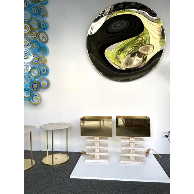 Contemporary Pair of Travertine Blade Lamps and Brass Shades. Italy For Sale - Image 9 of 11
