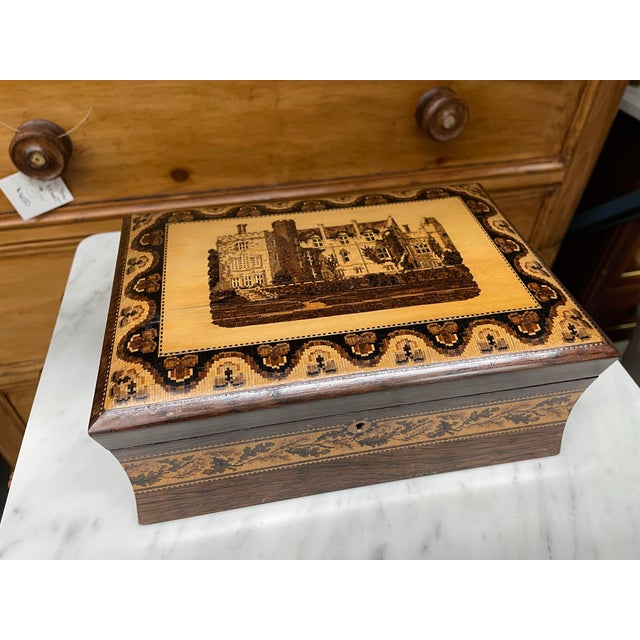 Brown British Castle Scene Turnbridgeware Jewelry Box For Sale - Image 8 of 10