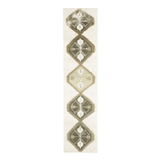 Vintage Turkish Oushak Handmade Wool Cotton White Runner Rug For Sale