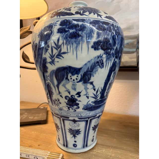 Ceramic Pair of X Large Blue and White Chinese Yuan Period Character Vases 17” For Sale - Image 7 of 8