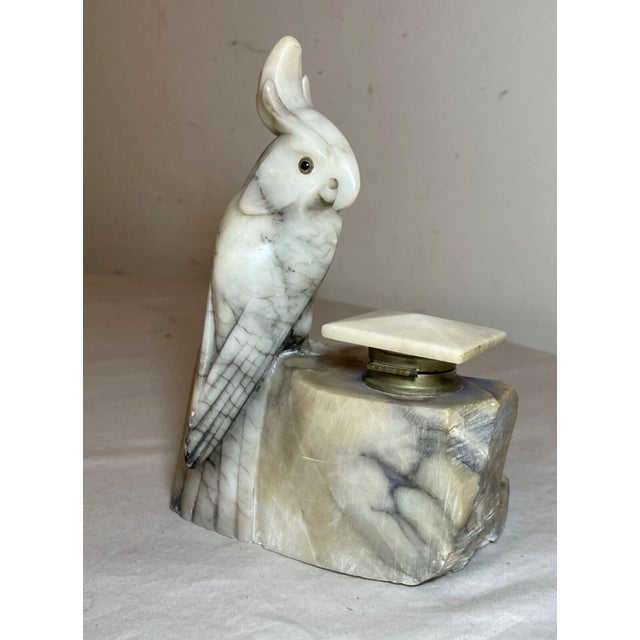 Alabaster Antique Italian Carved Figural Alabaster Stone Cockatoo Bird Inkwell Sculpture For Sale - Image 8 of 16