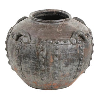 1980s Vintage Painted Terracotta Vessel With Metal Detail For Sale