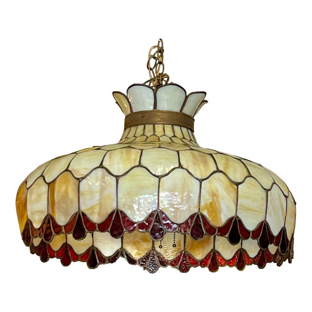 1970s Vintage Large Slag Glass Hanging Pendant Chandelier Light For Sale