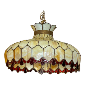 1970s Vintage Large Slag Glass Hanging Pendant Chandelier Light