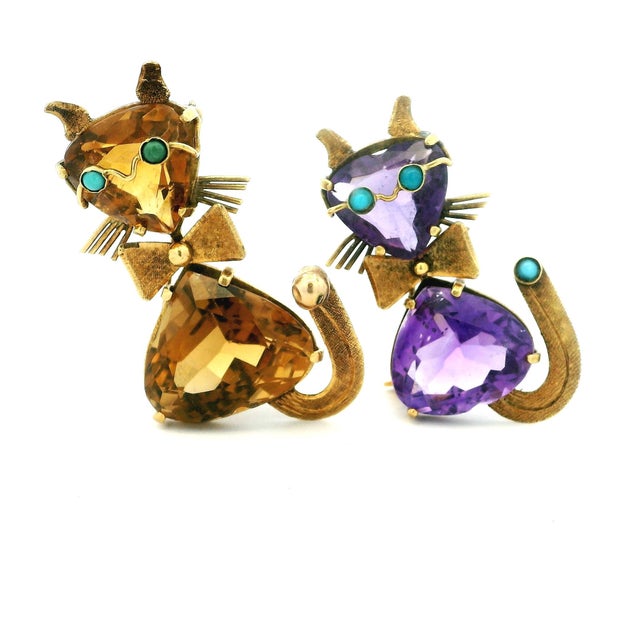 Metal 1950s Mid-Century 18k Gold Amethyst, Citrine and Turquoise Cat Brooch Pair For Sale - Image 7 of 12