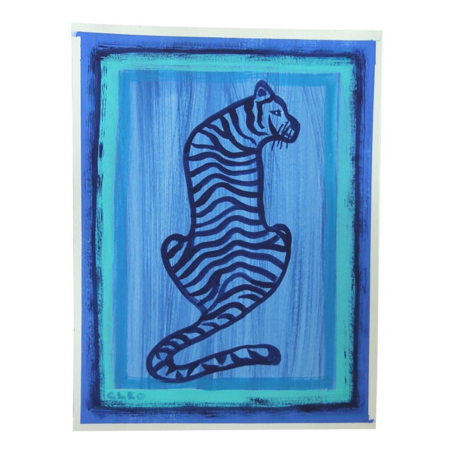 Tiger Minimalist Abstract Shabby Chic Blue Original Painting Cleo Plowden For Sale