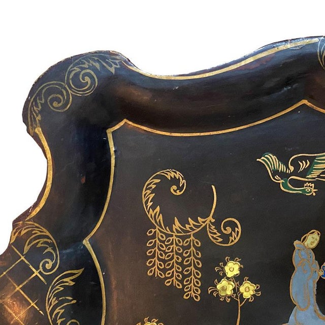 Chinoiserie Chinoiserie Hand Painted Chippendale Papier-Mâché Japanned Florentine Drink Tray For Sale - Image 3 of 7