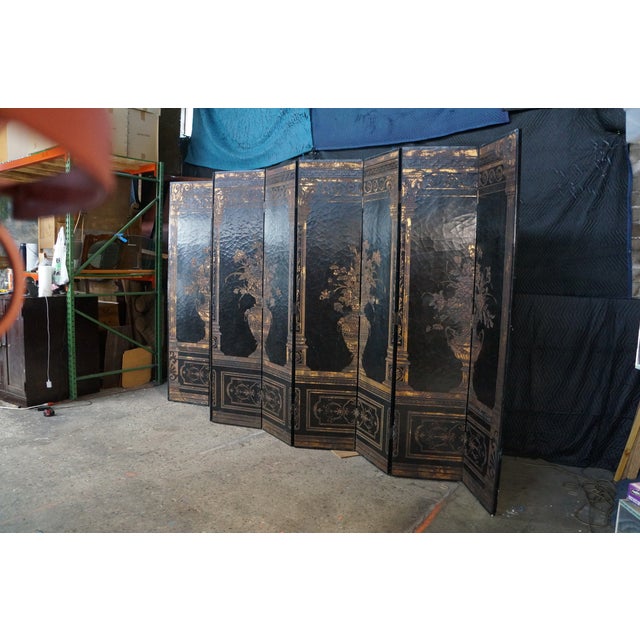 Late 20th Century Vintage Chinoiserie Black Lacquer 8 Panel Folding Screen Room Divider 144" For Sale - Image 5 of 18