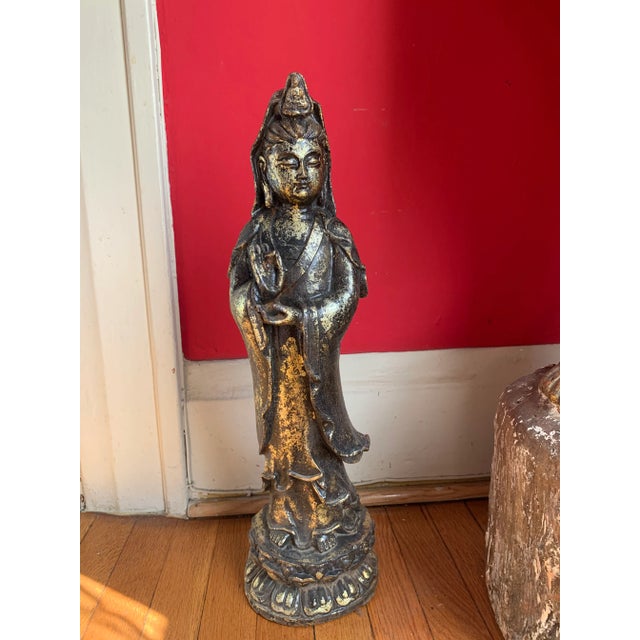 Quan Yin on Lotus Flower Caste Iron Gold Leafed Statue For Sale - Image 13 of 13