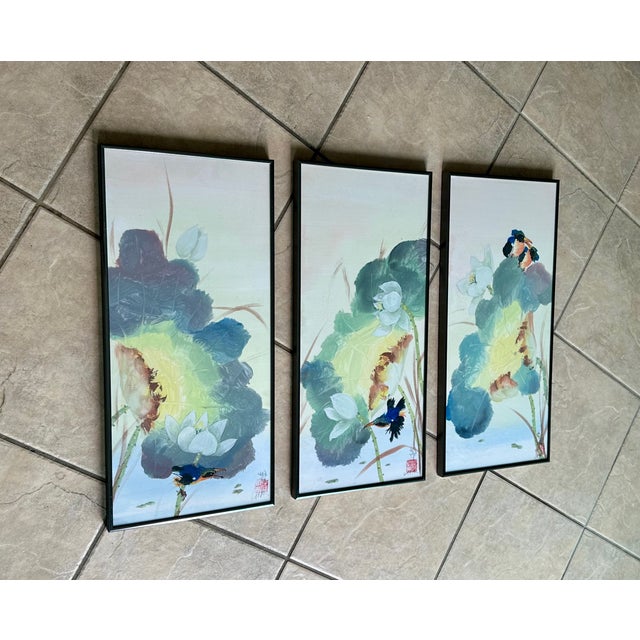 Set 3 Chinese Watercolor Paintings Kingfishers & Lotus Flowers, Framed For Sale - Image 18 of 18
