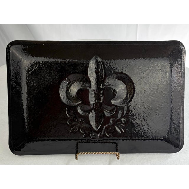 Late 20th Century Hand Painted Fleur De Lis Glass Platter – Black, Gold & Red Rectangular Serving Tray For Sale In Greensboro - Image 6 of 6