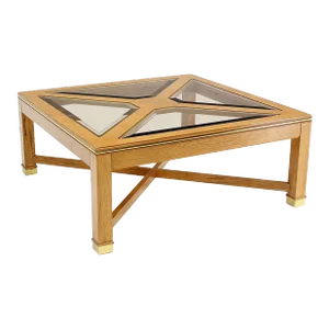 Beveled Smoked Glass Bird's-Eye Maple Brass Square Legs Coffee Table