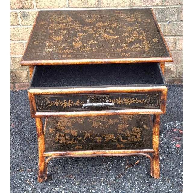 Late 20th Century Late 20th Century Theodore Alexander Black Japanned and Ornate Bamboo Single Drawer Tier Side Table For Sale - Image 5 of 18