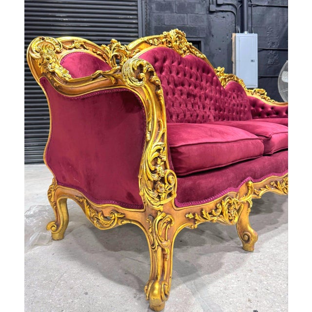 1980s Baroque Style Ruby Red Sofa – French Design With Gold Leaf Details For Sale - Image 10 of 12