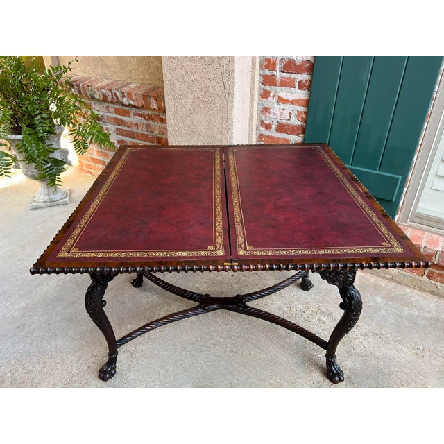 Antique Foyer Hall Table British Colonial Carved Wood Leather Flip Top Burmese For Sale - Image 9 of 12