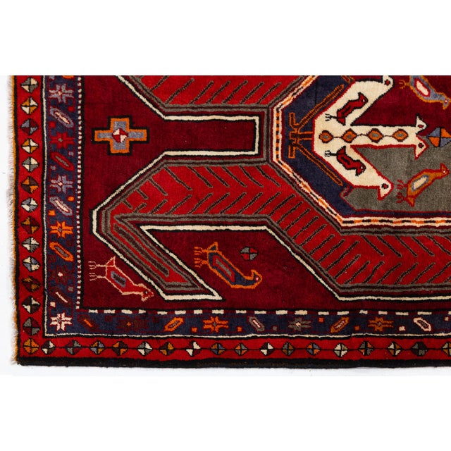 Red Mid-20th Century Caucasian Kazak Runner With Bird Motifs and Geometric Medallions in Crimson and Navy For Sale - Image 8 of 9