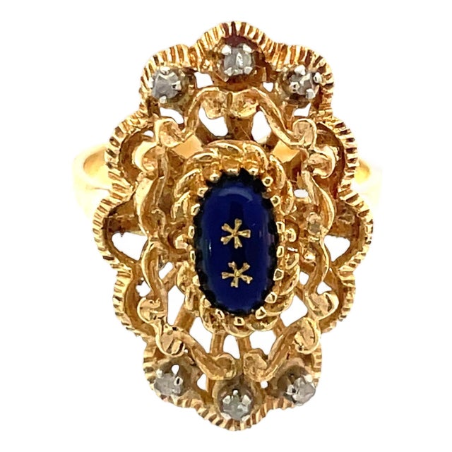 Antique 18k Yellow Gold Blue Enamel and Diamond Ring, Size 5.75 For Sale