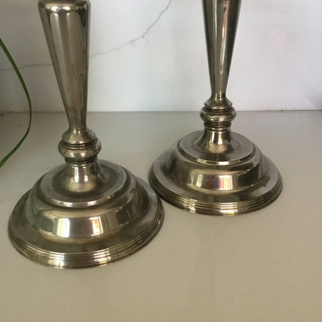 English Vintage Tall Silver plateCandle Holder Pair For Sale - Image 3 of 7
