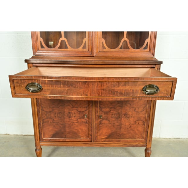 Brown Baker Furniture Style Georgian Burled Walnut Breakfront Bookcase Cabinet, Circa 1960s For Sale - Image 8 of 17
