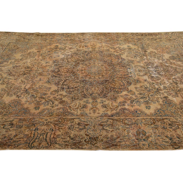 Textile Antique Kerman Handmade Medallion Tan Wool Rug 7 X 10 For Sale - Image 7 of 10