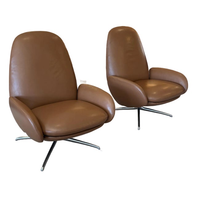 Hlynur Atlason for Design Within Reach Vala Sienna Leather Swivel Recliners, Pair For Sale