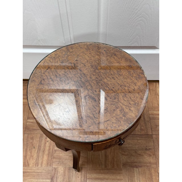 Vintage Italian Style Burl Wood Drum Side Table With Drawer and Glass Top For Sale - Image 11 of 11