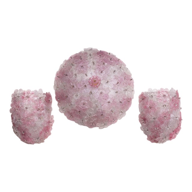 Set of 3 Murano Ceiling Light and Murano Wall Light Pink Flower by Seguso, 1970 For Sale