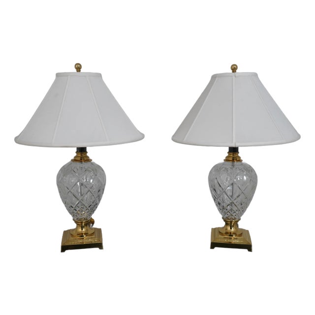 Waterford Pair of Crystal & Brass Urn Table Lamps For Sale