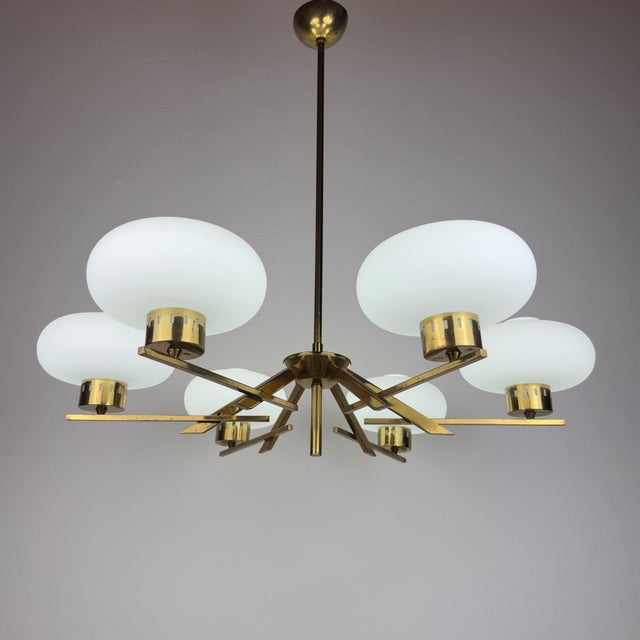 Mid-Century Brass and Opaline Glass Chandelier from Stilnovo, Italy, 1970s For Sale - Image 12 of 18