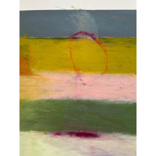 This is an oil painting on paper. It display blocks of connected colors with mysterious shapes coming from within. It is...