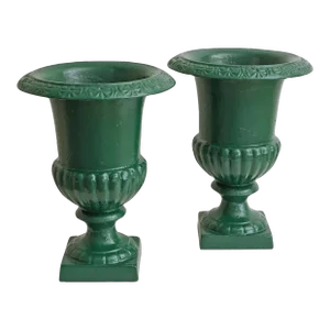 Mid 20th Century French Neoclassic Style Green Cast Iron Garden Urns Planters - a Pair