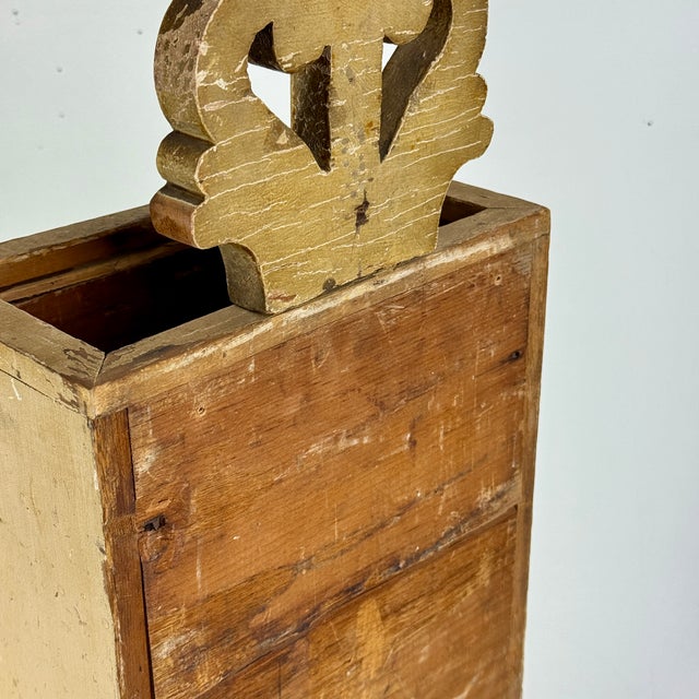 Yellow Antique 19th C American Painted Country Wall Box With Ornate Scrolled Pediment Top For Sale - Image 8 of 9