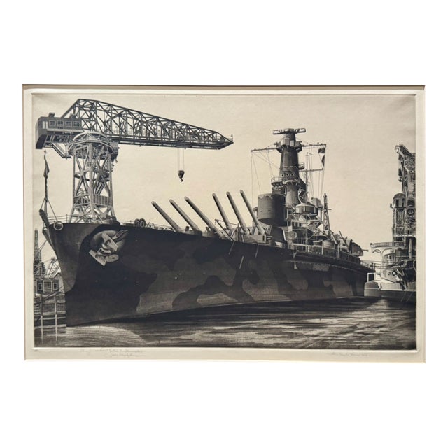 John Taylor Arms Ww2 Etching Us Navy Battleship at Shipyard Signed 1944 For Sale