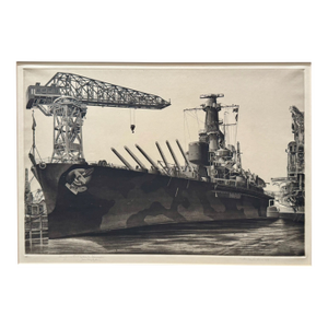 John Taylor Arms Ww2 Etching Us Navy Battleship at Shipyard Signed 1944